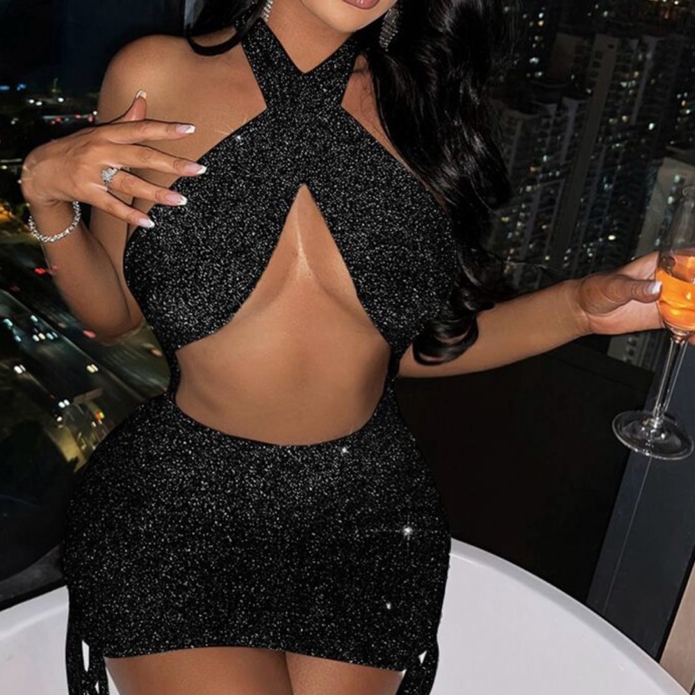 Cut Out Drawstring Side Backless Knot Glitter Bodycon Dress